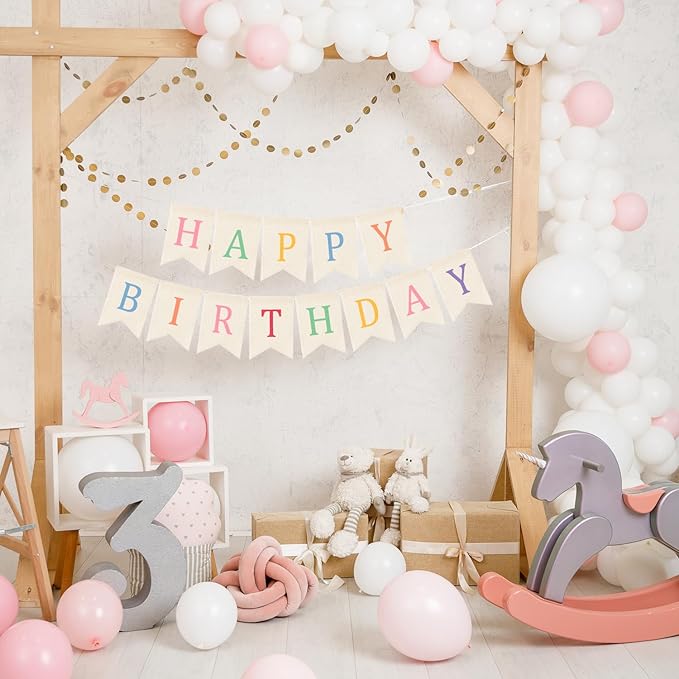 Doumeny Happy Birthday Burlap Banner Boho Birthday Bunting Garland Pastel Bohemian Sign Party Banner White Hanging Garland Rainbow Birthday Bunting Falg for Home Mantel Fireplace Nursery Backdrop