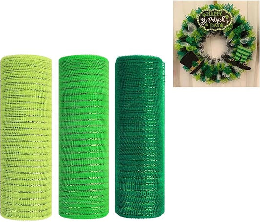 3 Rolls Green Deco Mesh Ribbon for Wreath Making Supplies, 10 Inch x 30FT Metallic Foil Burlap Deco Mesh Fabric for DIY Crafts Saint Patricks Day Spring Door Wreath Swags and Decorating