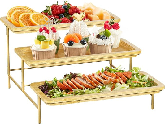 Lifewit 3 Tier Bamboo Serving Tray for Party Supplies, 30 x 17 cm/12" x 6.5" Platters for Serving Food, Reusable Trays with Gold Metal Display Stand for Veggie, Fruit, Cookies, Dessert