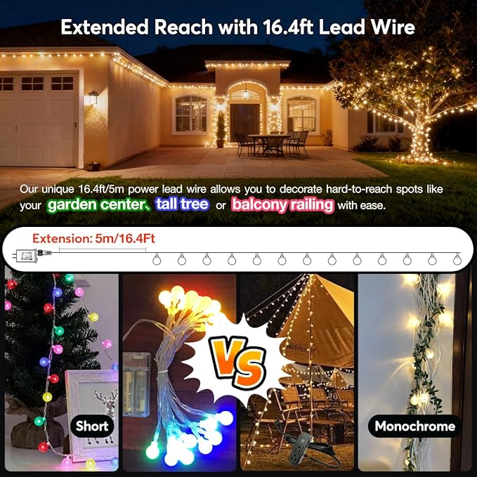 RaThun 49.2ft Globe String Lights with 16ft Extended Lead & Stable Remote - 100 LED Warm White, 8 Distinct Modes, IP44 Waterproof, UL Certified, Linkable for Indoor Outdoor Wedding Party Decor