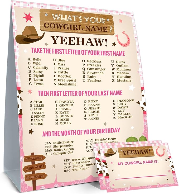 Cowgirl Birthday Party Decorations-Birthday Party Games,Cowgirl Theme Birthday Party Sign,Baby Shower Decorations,Birthday Party Game,Baby Shower Games,What's Your Cowgirl Name