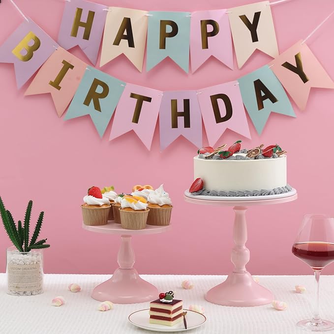 Set of 3 Pink Cake Stands, QENUIITEA Metal Round Cake Holder Dessert Pie Pizza Display Stand 8" 10" 12" Serving Tray Decoration for Wedding Celebration Party Birthday Baby Shower