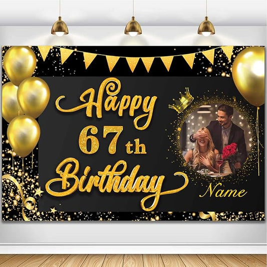Custom Happy 67th Birthday Decorations Banner -67 Years Old Birthday Decorations Backdrop for Women Men Boys Girls - Personalization Happy 67th Birthday Party Decorations Supplies - Black and Gold