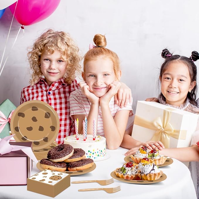 Naozinebi Milk and Cookies Birthday Party Plates Napkins Decorations Chocolate Chip Cookie Tableware Set Cookies Theme Disposable Plate Fork for Kids Boys Girls Birthday Baby Shower Supplies Serve 24