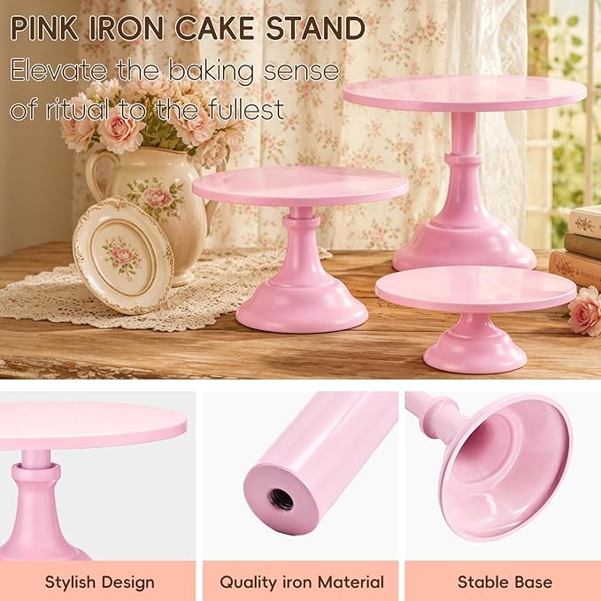 3 Pcs Metal Cake Stand, Cake Pop Stand Set of Disc Diameter 8" 10" 12", Tall Cake Stands for Dessert Table, Perfect Display for Wedding, Graduation Party, Birthday, Baby Shower, Decorations (Pink)