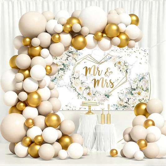 MEHOFOND 113pcs White Floral Wedding Balloons Arch Kit, Mr and Mrs Banner Backdrop, Flowers Hearts Geometric Bride to Be Party Decorations, Engagement White and Gold Balloons Garland Party Decor