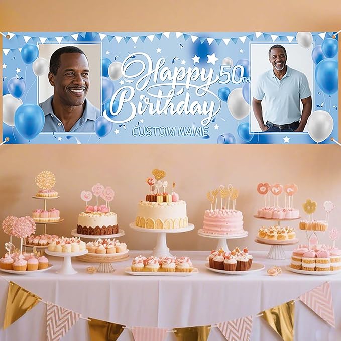 Dicodes Personalized Happy Birthday Banner with Name Custom Photos Birthday Photography Background Decorations Party Supplies for Women Men (Blue and White-2 Photo)