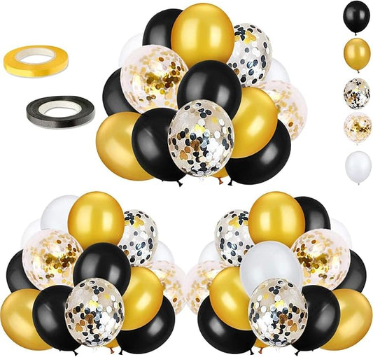 72 Pack Black Gold Confetti Balloons Kit, 12 Inch Black Gold White Balloons and Gold Confetti Balloons with Balloon Ribbons for Graduation Birthday Wedding Baby Shower Party Decorations
