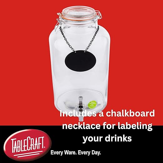 TableCraft BDG2000 Glass Beverage Dispenser, 2.5 Gal Rustic Country Drink Dispenser with Chrome Plated Faucet & Chalkboard Necklace, Clear Glass, 8.25" x 10.5" x 14", 1-Pack
