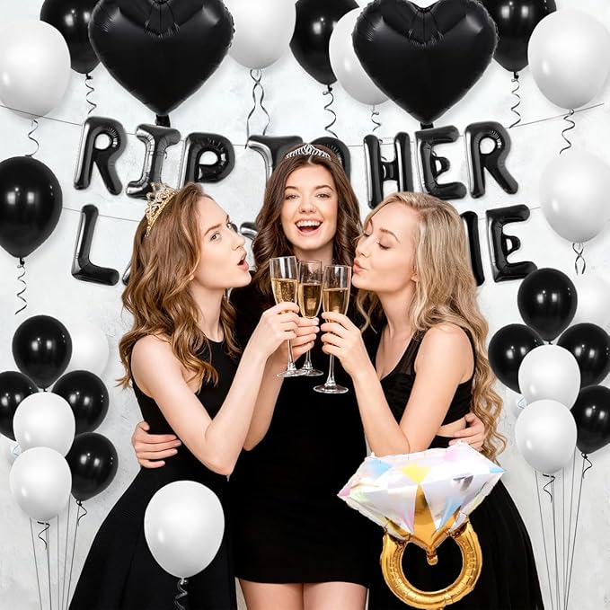 Rip To Her Last Name Balloon Banner Bachelorette Party Decoration, Black Balloons Bridal Shower Party Decor with Balloon for Ring Rip Single Life Bride to be Decor Bride or Die Wedding Engagement