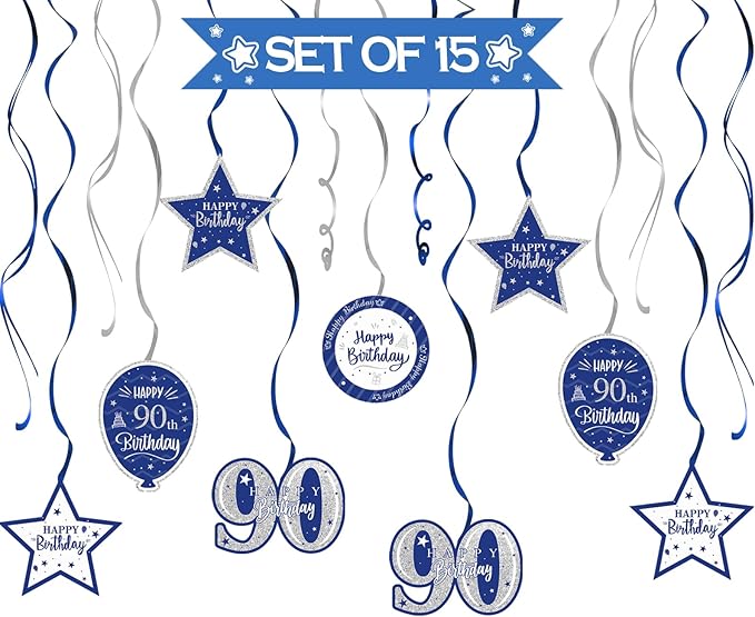 Happy 90th Birthday Blue & Silver Glitter Swirls Streamers Party Decorations - 15 Pcs 90th Birthday Hanging Swirls Streamers Kit,Cheers to Ninety Years Old Bday Party Sign.