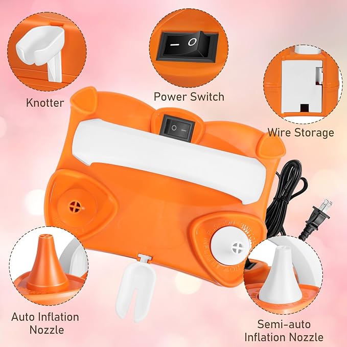 Electric Balloon Pump, Dual-Nozzle Portable Balloon Pump, Electric Balloon Inflator Balloon Pump Kit for Birthday Party Decorations, Weddings, Festivals and Party (Orange)