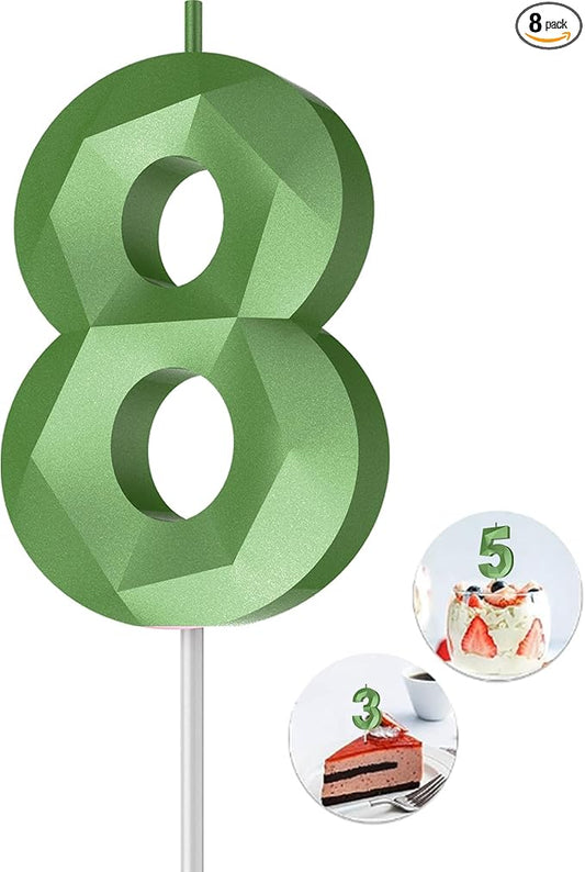 Number Birthday Candles(8 Candle Green) 3D Diamond Shape Number Happy Birthday Cake Candles for Birthday Party Wedding Decoration Reunions Theme Party