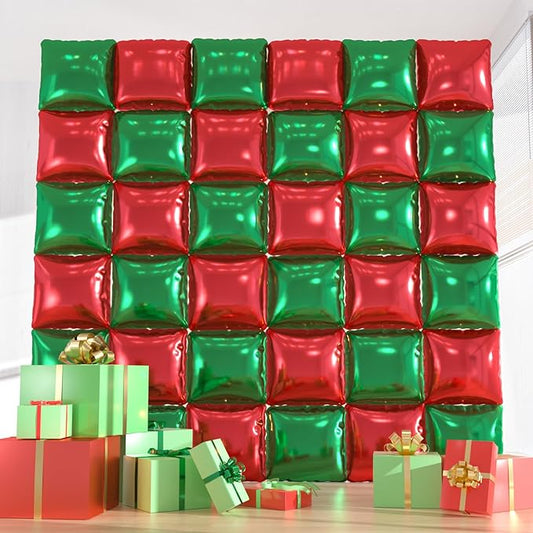 36pcs Red and Green Square Foil Balloons Kit - Christmas Balloon Garland Backdrop Wall for Holiday, Birthday, Graduation Party Decorations(with Straws & Ribbon)