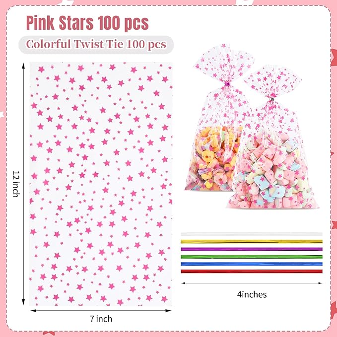 100Pcs Cellophane Treat Bags,7 X 12 Inches Pink Star Clear Cellophane Bags,100 Twist Ties,for Gift Wrapping,Packaging Candies,Dessert,Bakery, Cookies, Chocolate,Party Party Decorations