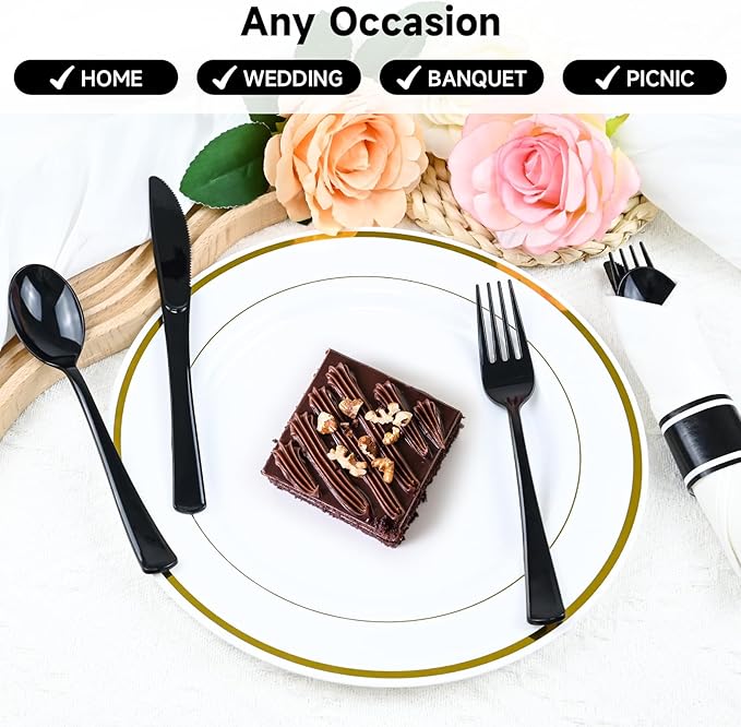 100 Pack Pre Rolled Disposable Utensils, Black Heavy Duty Cutlery Set Disposable Plastic Flatware, Including Forks, Knives, Spoons and Napkins for Parties, Weddings, Dinners & Events