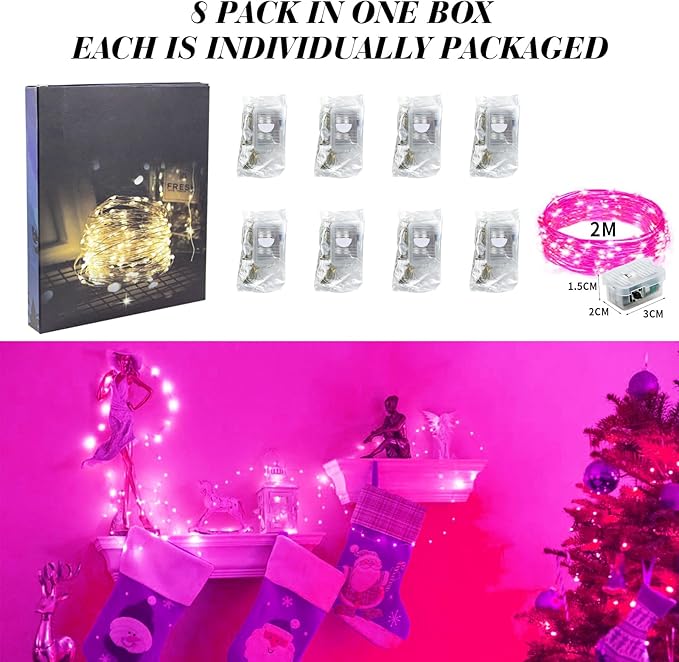 ZGWJ 8 Pack Fairy Lights Battery Operated, 7FT 20LED Mini Fairy String Lights Silver Wire 3 Modes for DIY, Parties, Wedding, Bedroom, Halloween Christmas Decoration- Pink