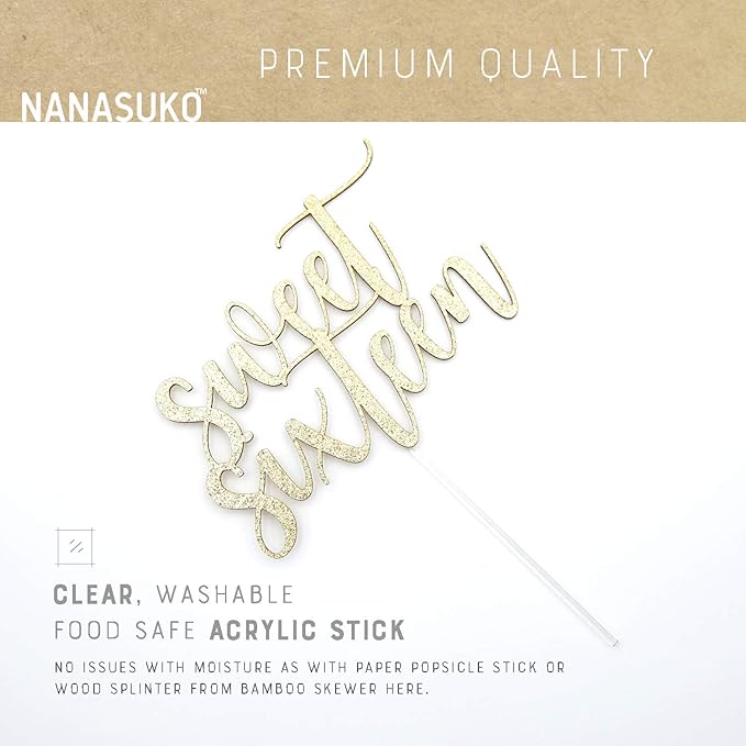 16th Birthday Cake Topper - Sweet Sixteen - Double Sided Gold Glitter - Premium Quality Made in USA