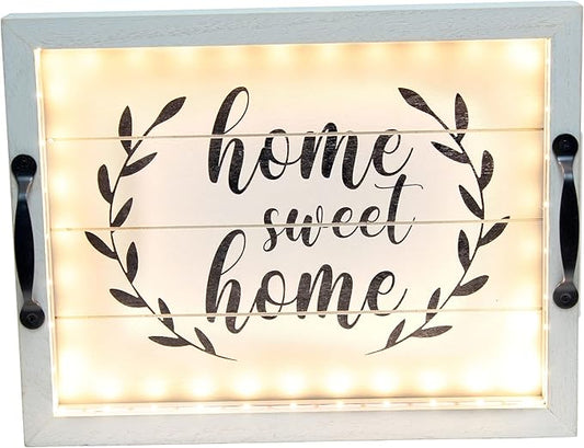 Elegant Designs HG2032-GHH Salento Farmhouse Rectangular Decorative LED Light Up Wooden Serving Tray w Metal Handles & Home Sweet Home in Black for Décor, Centerpiece, Breakfast, Bar, Gray Wash