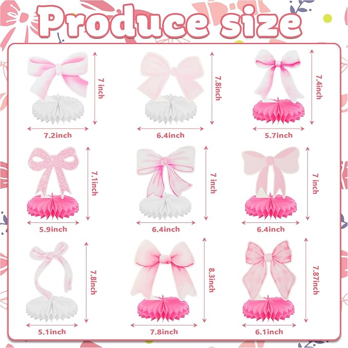 9Pcs Pink Bow Party Honeycomb Centerpieces Decorations, Pink Bow Coquette Birthday Table Decor, 3D Bow Decorations for Birthday Bachelorette Bridal Party
