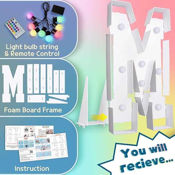 imprsv 3FT Colorful Marquee Letters M, 18 Colors Large Light up Letters Alphabet Sign with Remote, Big Marry Me Sign, Birthday Party Decorations Anniversary Wedding Decoration