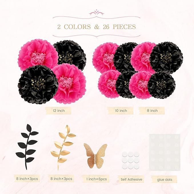 Fonder Mols Tissue Paper Chrysanth Flowers with Butterfly and Olive Leaves for Wedding Baby Shower Nursery Room Parties & Events Decorations Pom Poms (Black, Hot Pink)