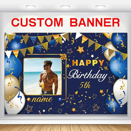 Custom Navy Blue and Gold Happy Birthday Sign Birthday Party Decorations Supplies Personalized Navy Blue Backdrop Banner (4x6ft)