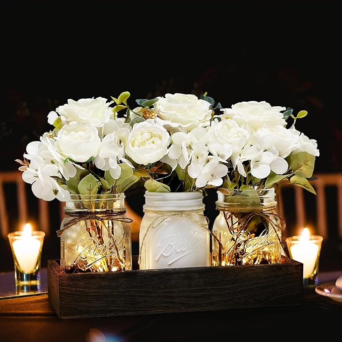 Mason Jar Centerpiece Table Decor for Dining Room Farmhouse Coffee Table Decor with Wood Tray Fairy Lights Fake Flowers for Valentine's Day Kitchen Living Dining Room - White