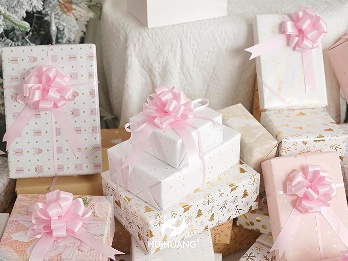 HUIHUANG Pink Pull Bows 12 PCS Light Pink Bow 4 inch Satin Gift Bows for Gift Wrapping, Presents, Gift Basket, Paper Bag, Baby Shower Favors, Wrapping Accessories, Wedding Christmas Decor