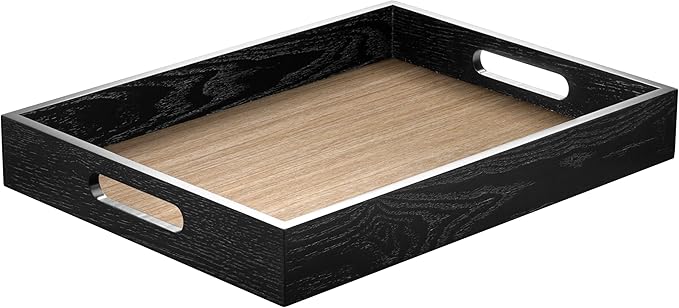 ATZYmolin Wood Serving Tray with Handles, Home Decorative Wooden Rectangle Ottoman Decor Platter Vanity Tray for Breakfast Dinner Drinks Kitchen Dining Living Bathroom Restaurants Black Wooden