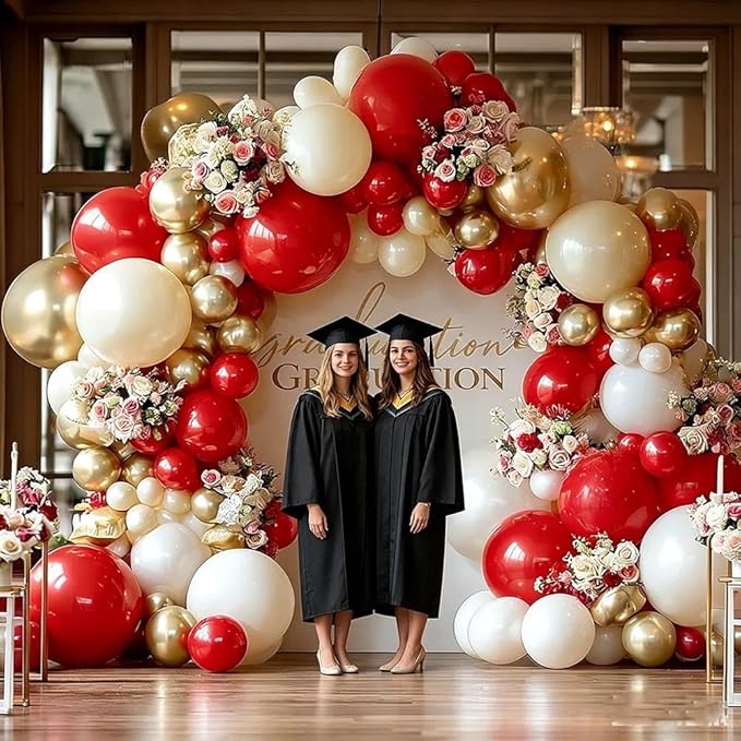 Red White Gold Balloon Garland Double Stuffed Burgundy Red White Sand Pearl Balloon Arch Kit Maroon Wine Balloons for Birthday Bridal Shower Wedding Anniversary Graduation Party Decorations