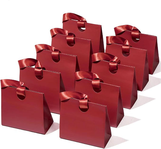 Vitalizart Paper Gift Bags With Ribbon Handles Set of 10 Red Bulk Reusable For Gift Wrap Girls Kids Birthday Bridal Shower Party Favors Goodie Bags Candy Toys Christmas 7.87"x3.54"x7.09" Small Size