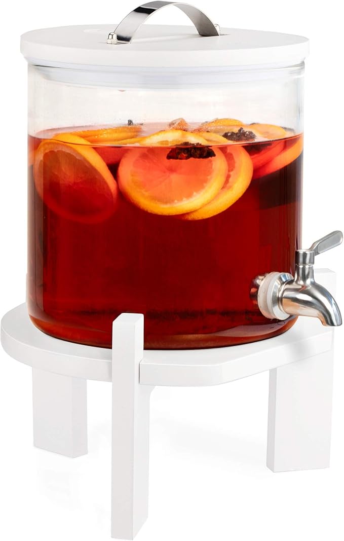 Navaris Beverage Dispenser with Stand - 1.3 Gallon (5L) Glass Drink Dispenser with Stainless Steel Spigot - Drinks Water Parties - White Beech Wood