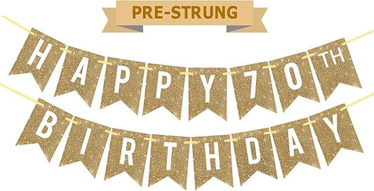 Netnology Pre-Strung Gold Happy 70th Birthday Banner Decorations,12 ft No DIY Gold Glitter 70th Birthday Party Banner Sign Decor for Women Men Girl Boy Party Supplies