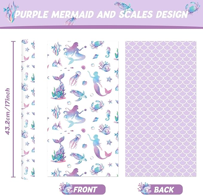 WERNNSAI Mermaid Wrapping Paper - 1 Roll 17”x 33 ft Colorful Mermaid Scale Gift Wrap Purple Princess Gift Wrapping for Girls Birthday Baby Shower Party Favor Reversible Iridescent Scales Design