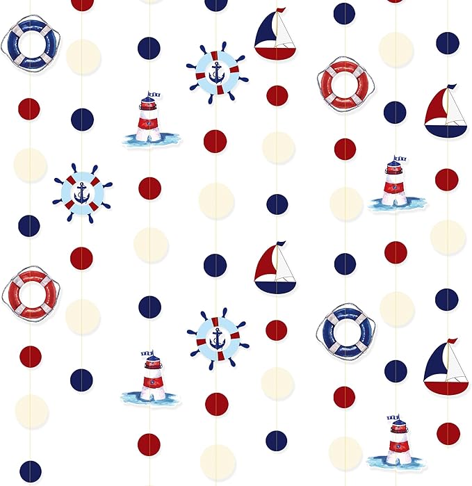 Nautical Party Decorations Red Blue Beige Circle Dots Garland Hanging Paper Polka Dot Streamer for Birthday Wedding Baby Shower Bachelorette Nautical Ahoy Achor Pirate Theme Party Decorations Supplies