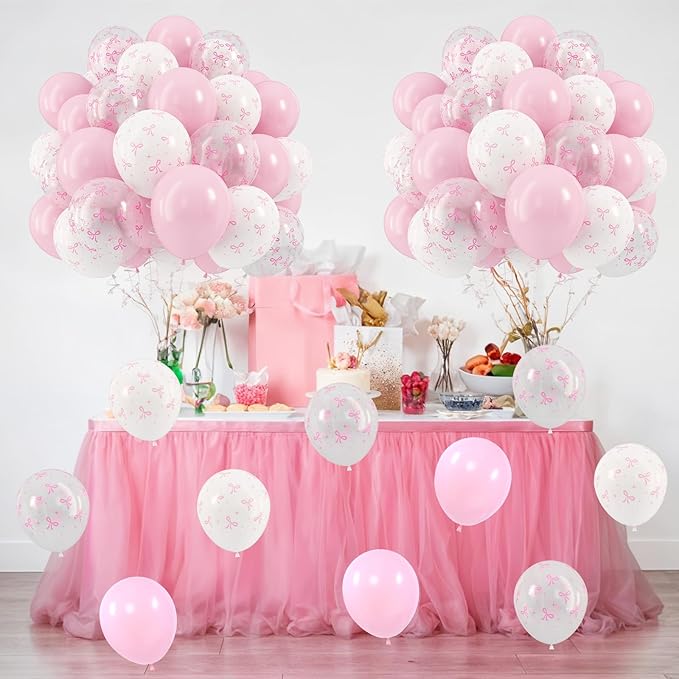 HILAVO Pink Bow Balloons, 12 Inch Pastel Light Pink Transparent White Bow Print Coquette Balloon for Girls Women Birthday Bachelorette Party Bridal Baby Shower Wedding Anniversary Decorations Supplies