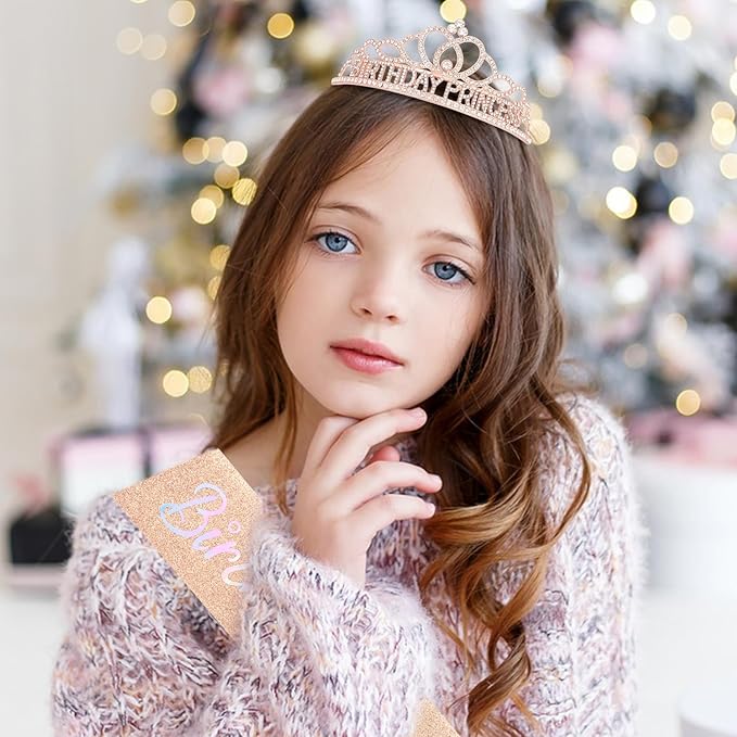 CAVETEE Princess Crowns and Sashes for Girls & Women - Birthday Party Decorations Set