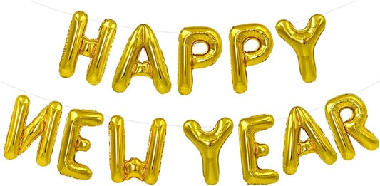 TONIFUL Gold Happy New Year Balloons 16 Inches Mylar Foil Letter Sign Banner balloon For 2025 New Years Eve Party Anniversary Decor Home Party Decorations