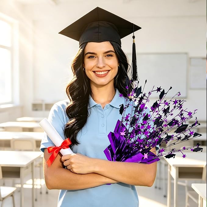 6 Packs Graduation Decorations Centerpieces for Tables Metallic Foil Star Graduate Cap Burst Tabletop Display in Purple and Black for Grad Ceremonies Celebrations Party Decor Supplies 12 (Purple)