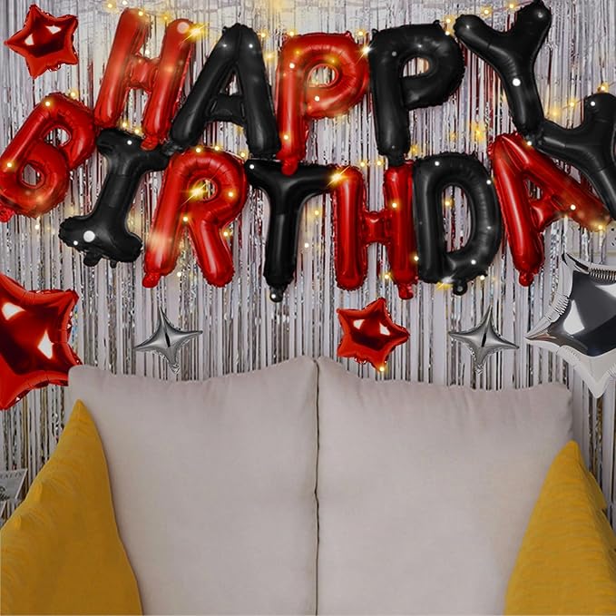 CANREVEL Happy Birthday Banner 13pcs 16 Inch Mylar Foil Letters Sign Balloons with LED Lights Birthday Party Decorations for Kids and Adults - 3D Black Red