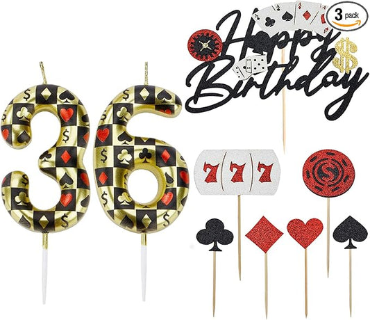 Casino Birthday Number Candles for Cake, Poker Birthday Candles for Casino Themed Birthday Party Decoration, Glitter Casino Birthday Cake Topper for Casino Night Theme Birthday Cake(Number 36 & 63)