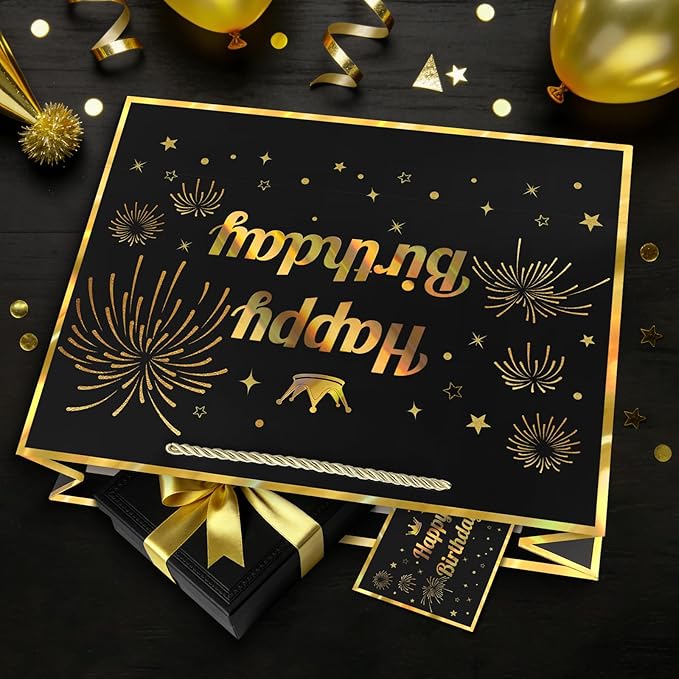JMANNI Black Gold Happy Birthday Gift Bag with Card and Tissue Paper, 12.6"×9.84"×3.9" Elegant Present Bag for Men Women, Year Old Birthday Keepsake Party Supplies