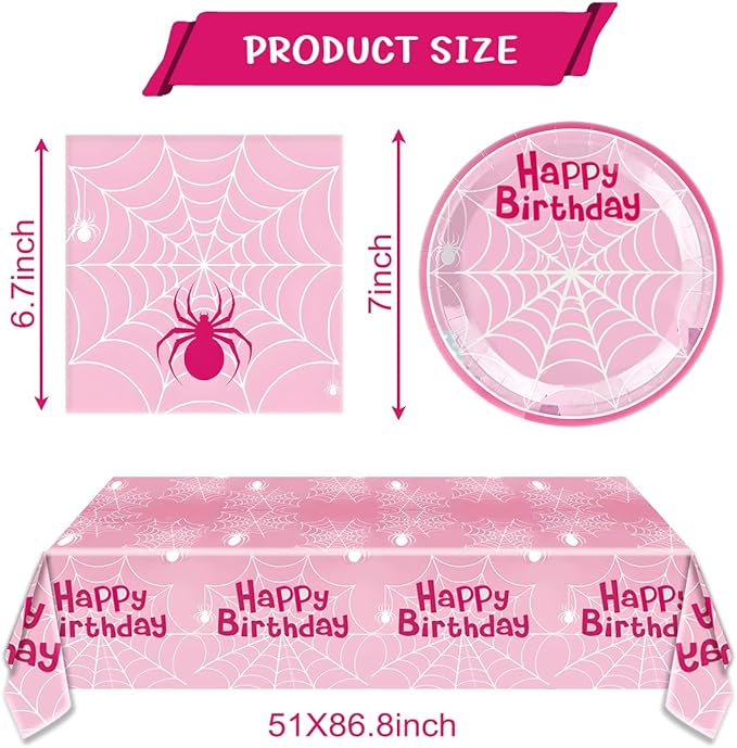Pink Spider Party Tableware, Spider Pink Ghost 20 Plates 20 Paper Napkins and 51''x86'' Tablecloth，Super Girl Birthday Party Supplies