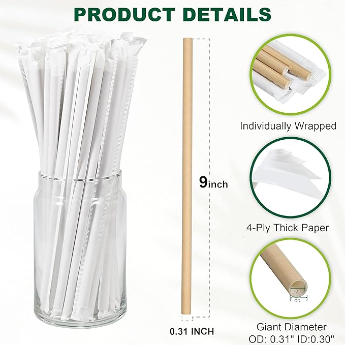 9'' x 0.31'' Giant Paper Drinking Straws Individually Wrapped 300 Counts, Dye-free Brown Kraft - 4 Ply Thick Paper