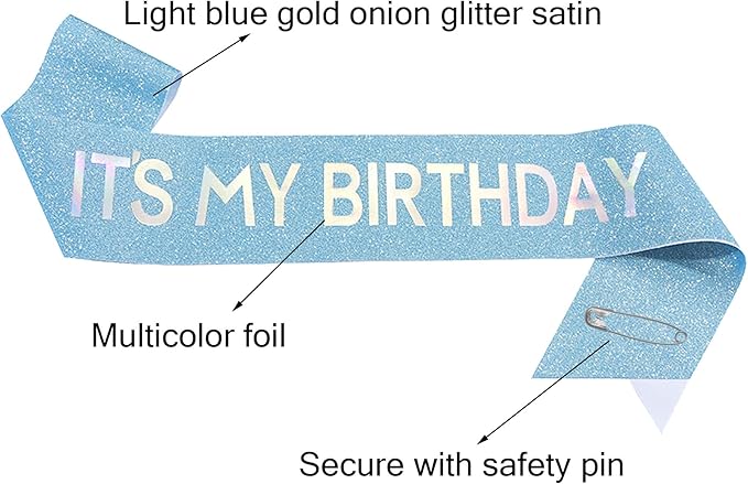 Birthday Gift for Girl,'It's My Birthday' Sash for Girl,Silver Iridescence Foil Light Blue Glitter Satin Sashs for Women Queen,Happy Birthdays Sash for Sweet 16,18,21,30,40,50 or Any Other Bday