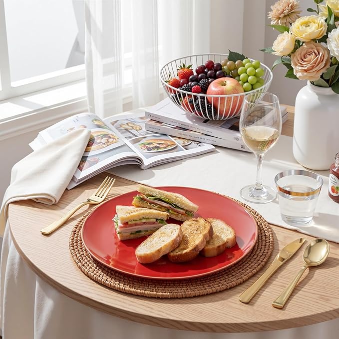 WDF 150Pcs Red Plastic Plates - Red Plates Disposable - 25Guest Dinnerware Include 25 Dinner Plate, 25 Dessert Plate, 75 Cutlery & 25 9oz Cups for Wedding/Birthday/Bridal Shower