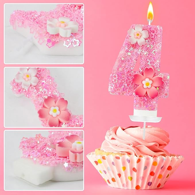 Pink Flower Birthday Candle,Number Birthday Candles for Cake, Ideal Birthday Parties Cake Decor, Wedding Anniversary and Other Celebrations (Number 4, Pink)
