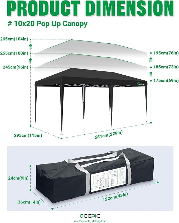 Acepic 10x20 Pop Up Canopy with 6 Removable Sidewalls, 2 Central Lock Easy Set-up Outdoor Party Tent, Commercial Tent, Hand Bag x1, Sandbags x4, Stakes x12, Ropes x6 (Black, 10 * 20)