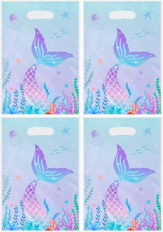 Agaommio 40PCS Mermaid Party Favor Bags Christmas Gift Bag Under the Sea Plastic Gift Bag Goodie Bags Mermaid Tail Treat Bag with Handles for Girls Kids Birthday Party Supplies 6.3"x 9.45"